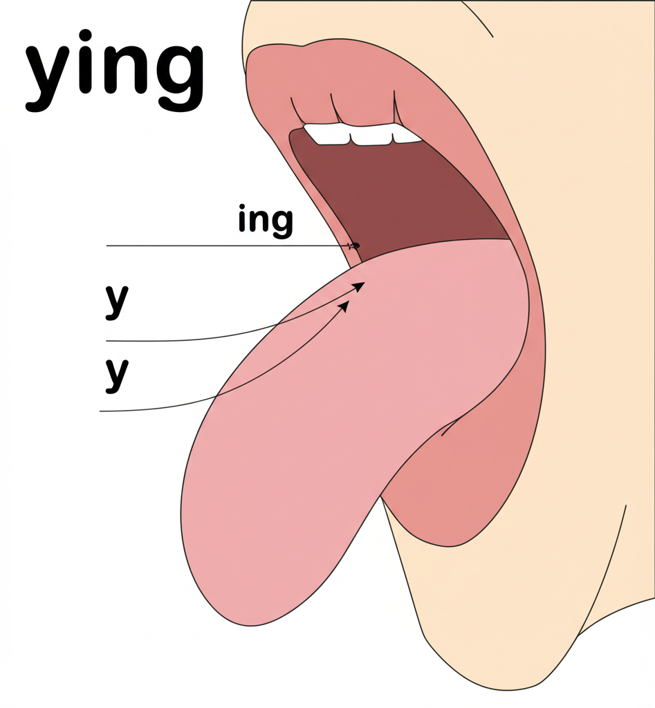 ying發音的口型與舌位示意圖，強調鼻腔氣流