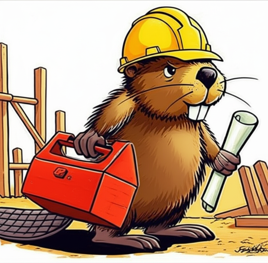 一隻忙碌的河狸戴著安全帽，手拿工具，勤奮地進行工程建設，象徵努力與奉獻精神