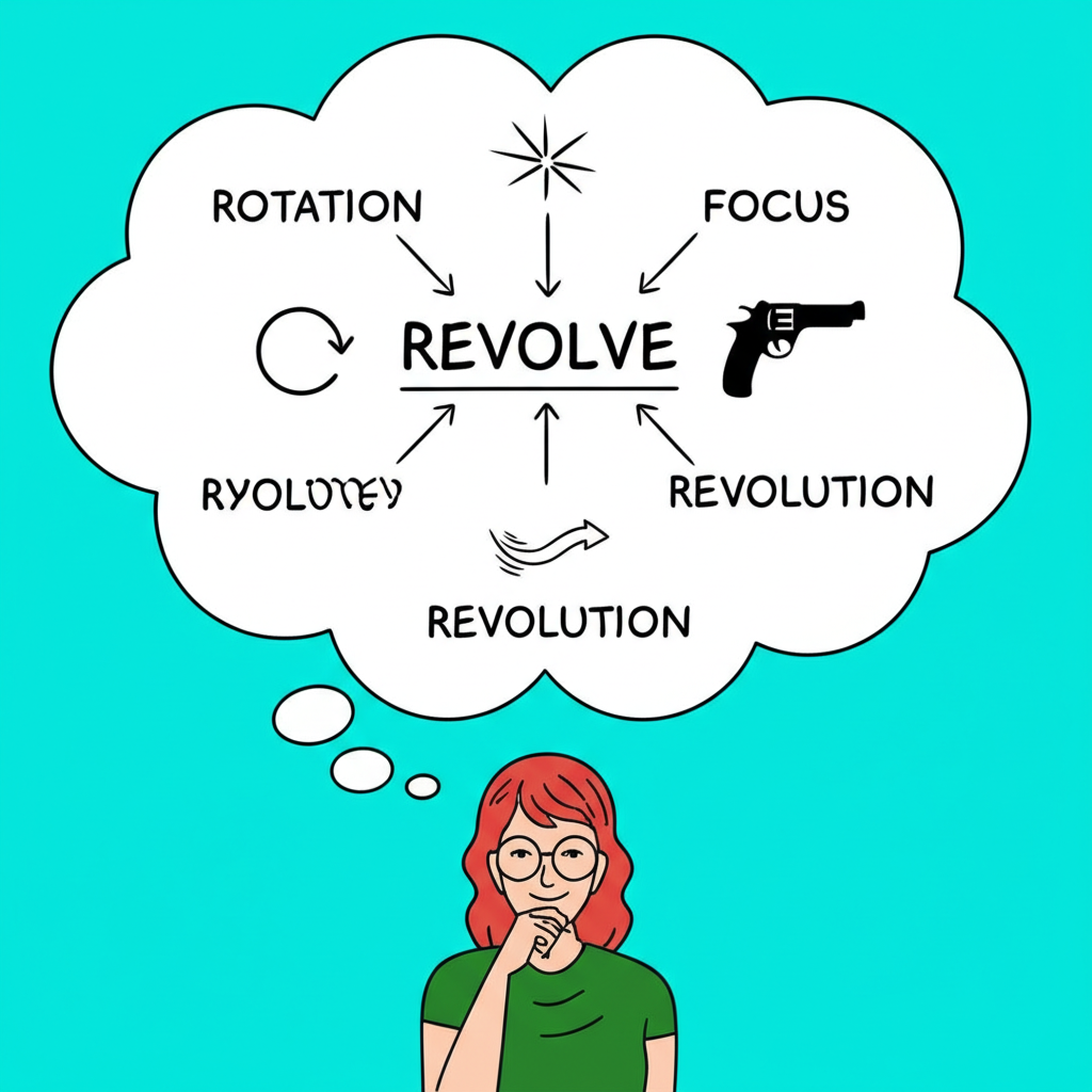 學生頭頂思想泡泡顯示 revolve 及其含義如旋轉與焦點，箭頭連結至 revolver、revolution 及時尚品牌標誌的學習概念圖