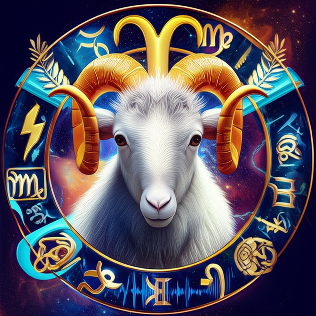 一隻雄偉的白羊象徵Aries，周圍環繞黃道星座與古希臘神話元素，融入現代文化符號，呈現充滿活力的動感場景