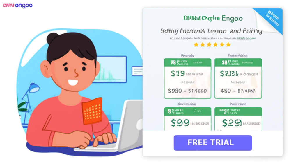 使用者計算DMM English Engoo月費年費方案,展示每日課程選項與免費試用按鈕
