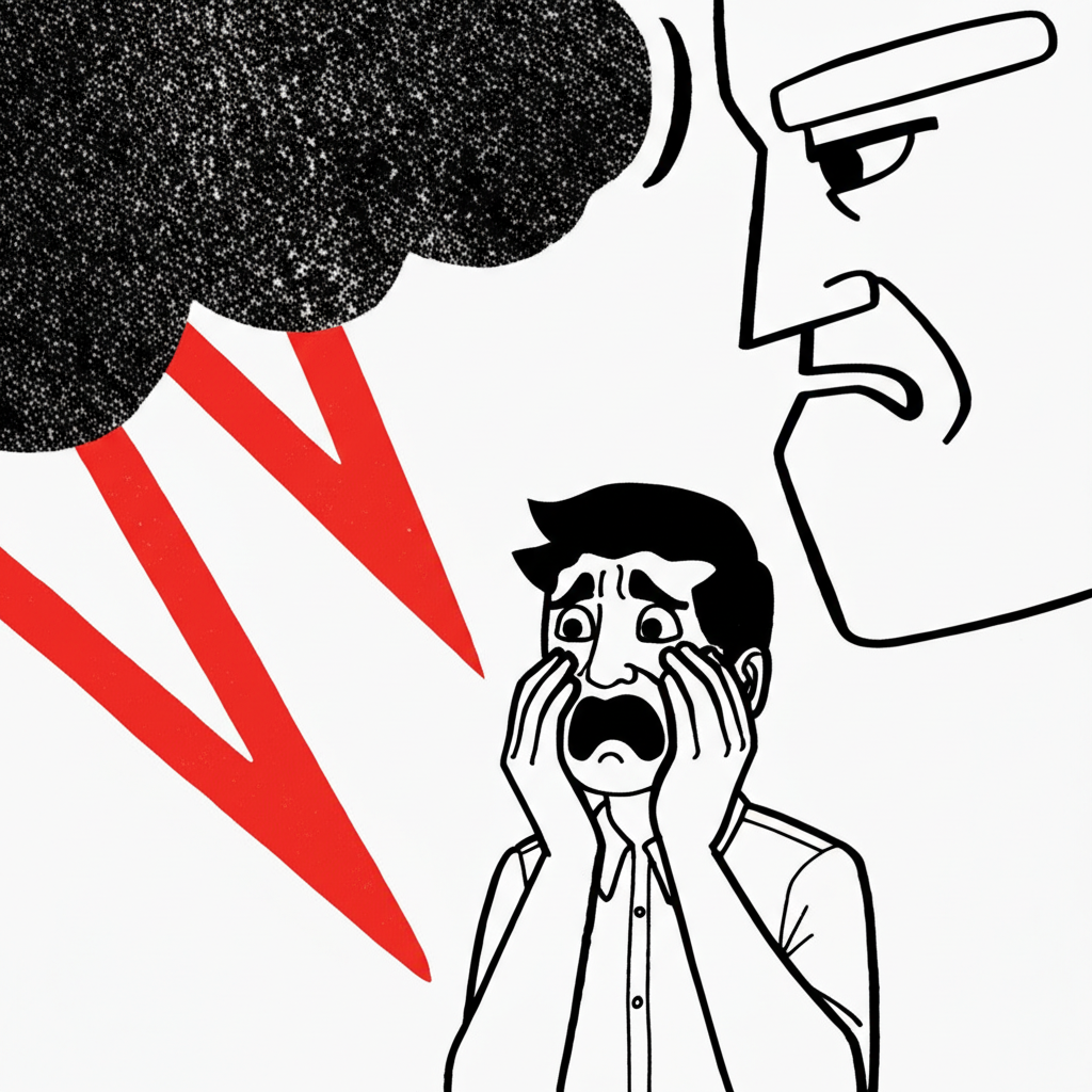 插畫呈現一個人在風暴雲、尖銳聲波與嚴厲表情包圍下感到不適,象徵 harsh 的多重含義