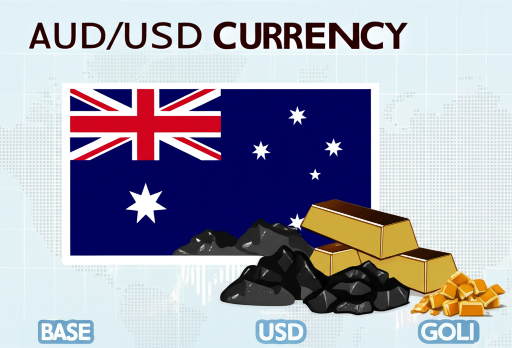 AUD USD 貨幣對插圖，AUD 為基礎貨幣 USD 為計價貨幣，顯示 1 AUD 等於 0.65 USD，包含全球外匯市場與澳洲豐富礦產資源如鐵礦石、煤炭和黃金