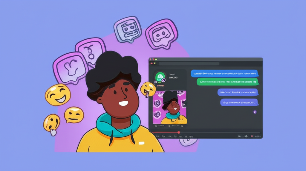 一位 Discord 使用者享受高畫質串流、動態表情與個人化橫幅，背景有伺服器加成圖示的親切數位風格插畫