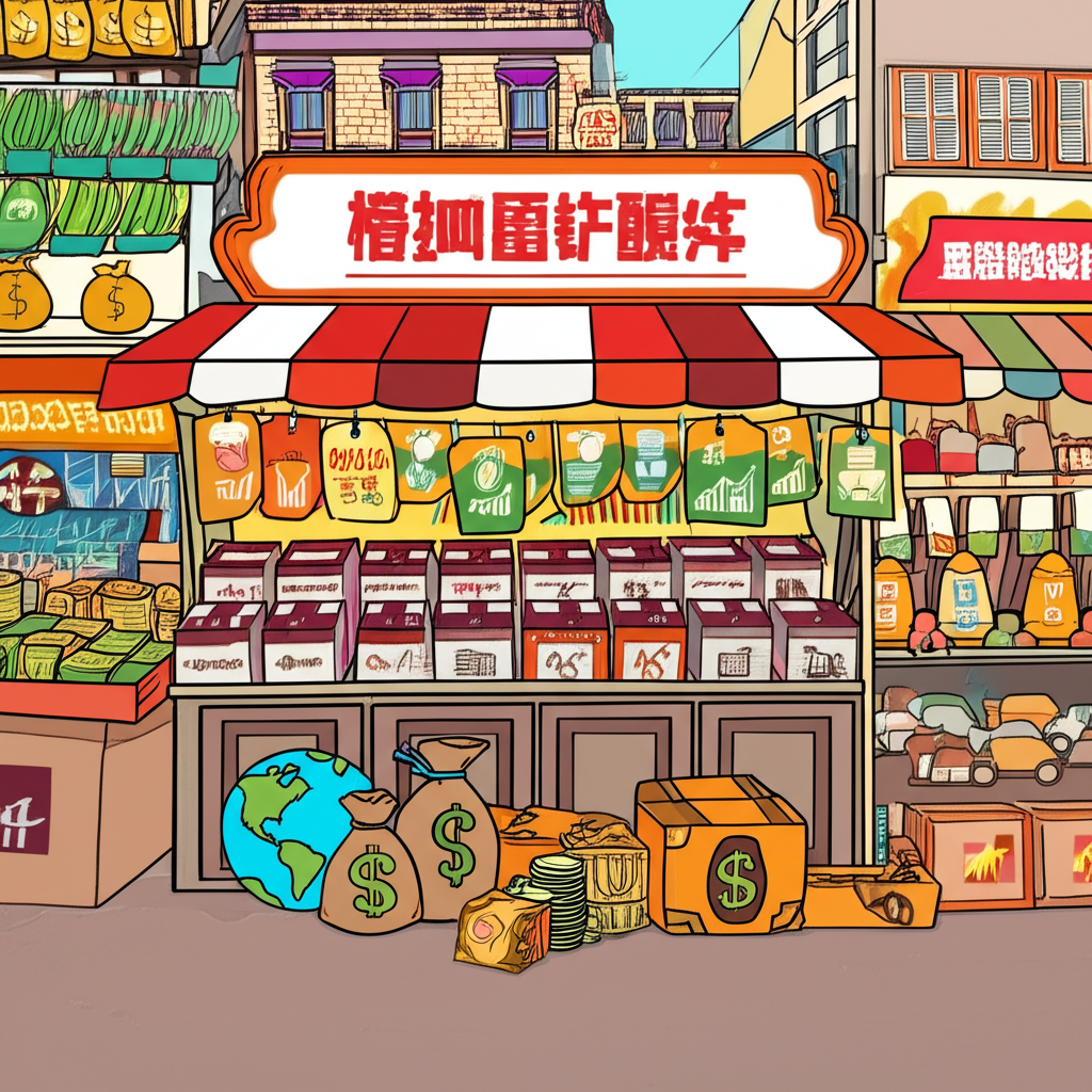 充滿活力的市場場景，包含股票圖表、全球地圖、金錢袋和多元金融產品圖標，代表台股、海外股票、期貨、基金、債券及財富管理的插圖