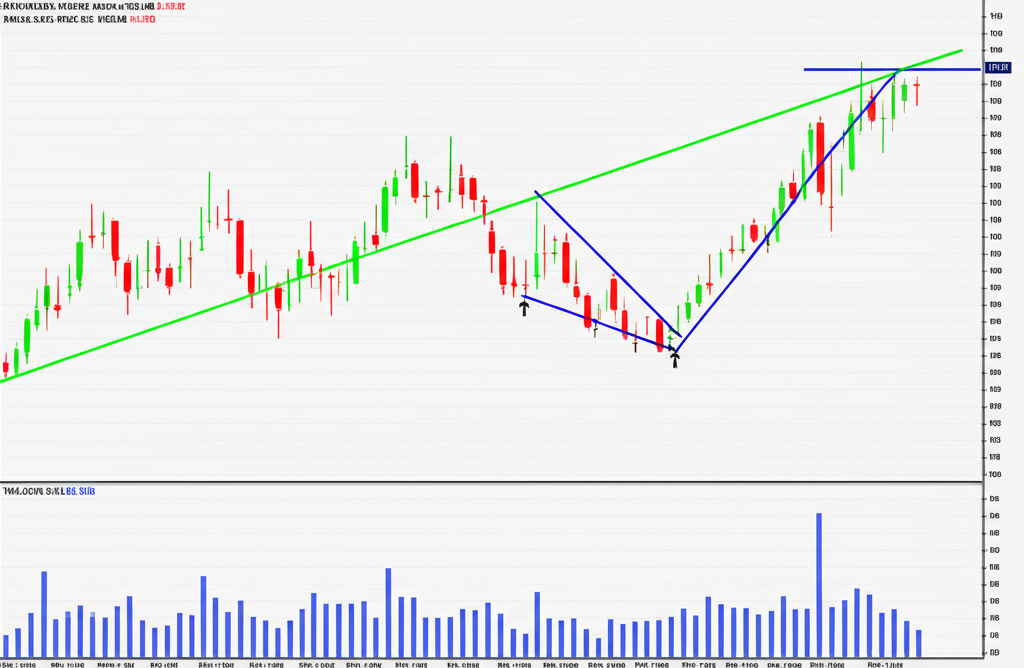 An illustration of a detailed stock chart displaying a symmetrical triangle with at least two highs and two lows forming the trend lines and a decreasing volume bar chart below indicating market consolidation and anticipation