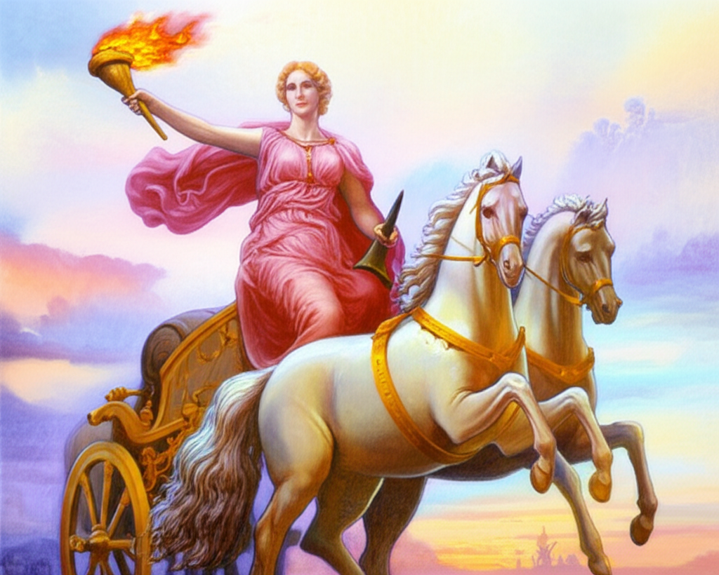 羅馬女神 Aurora 駕馭戰車的黎明插圖,展現美麗與悲劇愛情