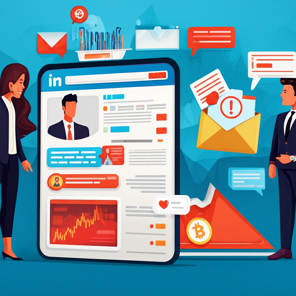 LinkedIn上各種詐騙情境插圖，包括假高薪職缺、浪漫人物引導投資計劃、釣魚郵件圖示與欺騙性加密圖表，融入專業網絡介面