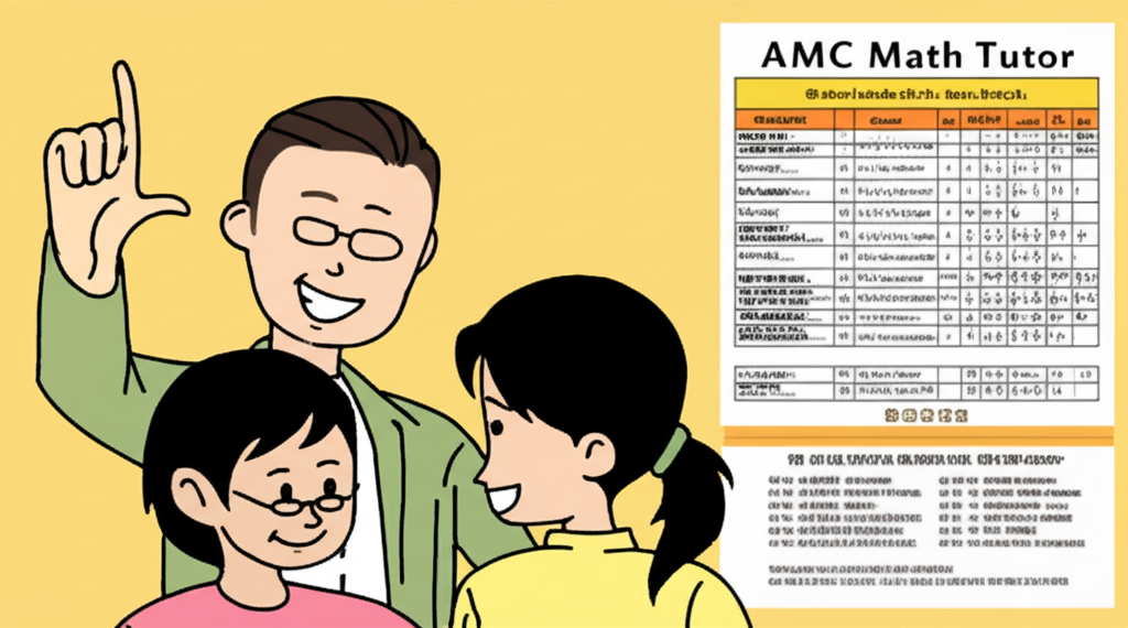 一位友善的AMC數學導師協助學生解數學題目，一家人在查看課程時間表，包含台灣各地分校聯絡資訊
