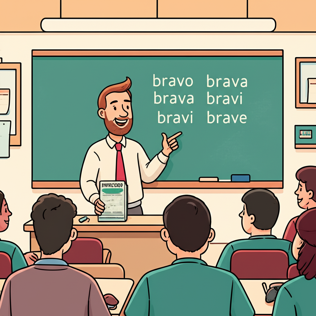 Italian teacher explaining bravo variations in linguistics classroom