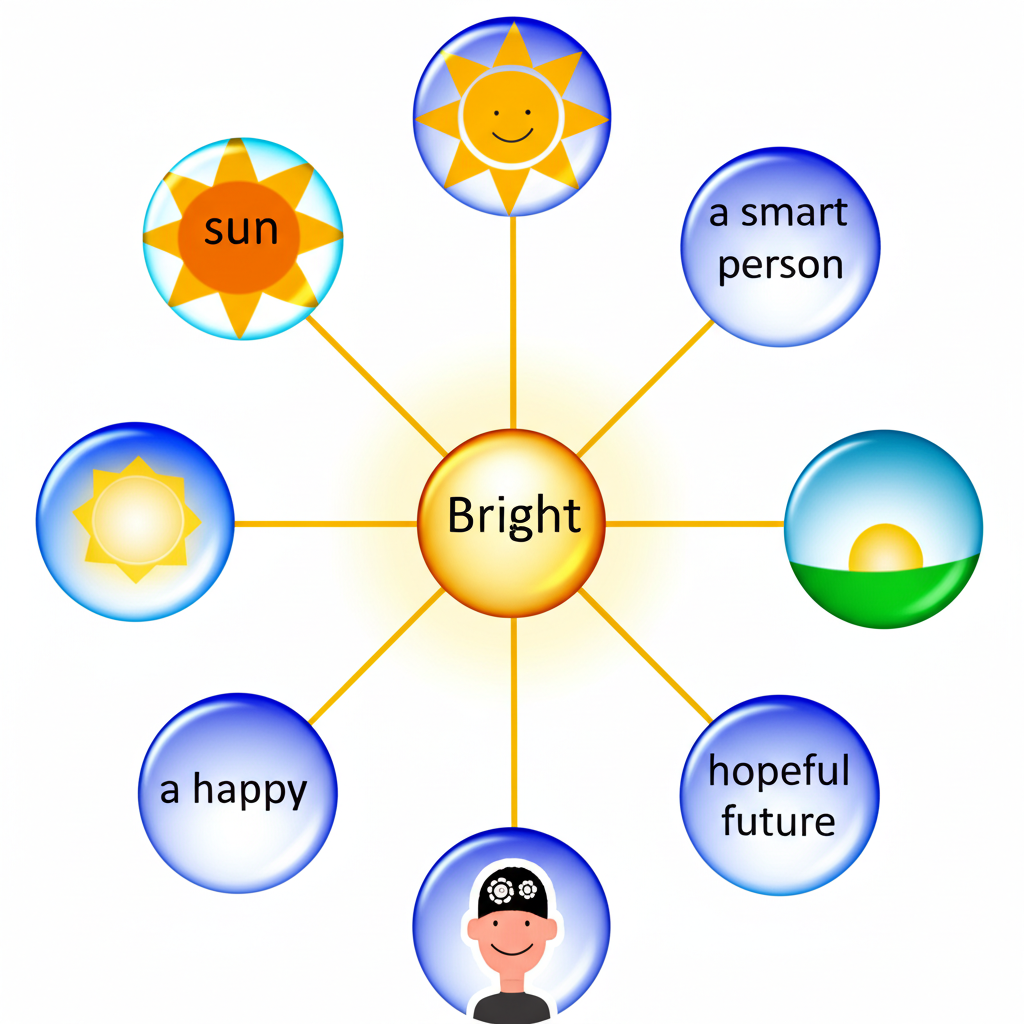 以發光球體為中心的插圖，標示bright並連接至陽光、聰明人物、快樂臉龐和希望未來等概念泡泡，展示其多樣語義