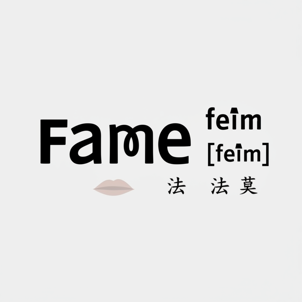 Fame 單字放大顯示，伴隨 IPA 音標、中文注音及口腔發音圖示