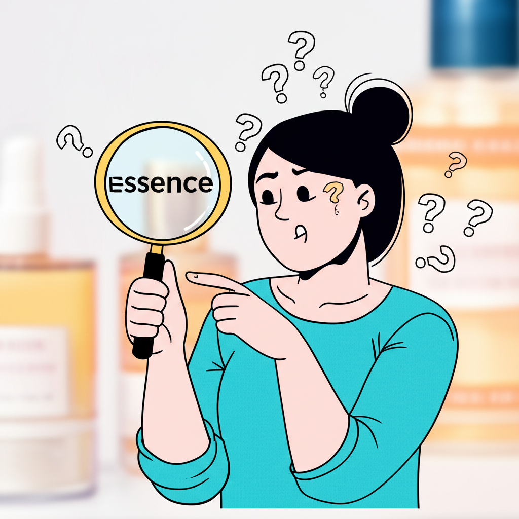 一位困惑的人手持放大鏡檢視 'essence' 一詞，周圍環繞問號，象徵語言混淆與護膚品標籤