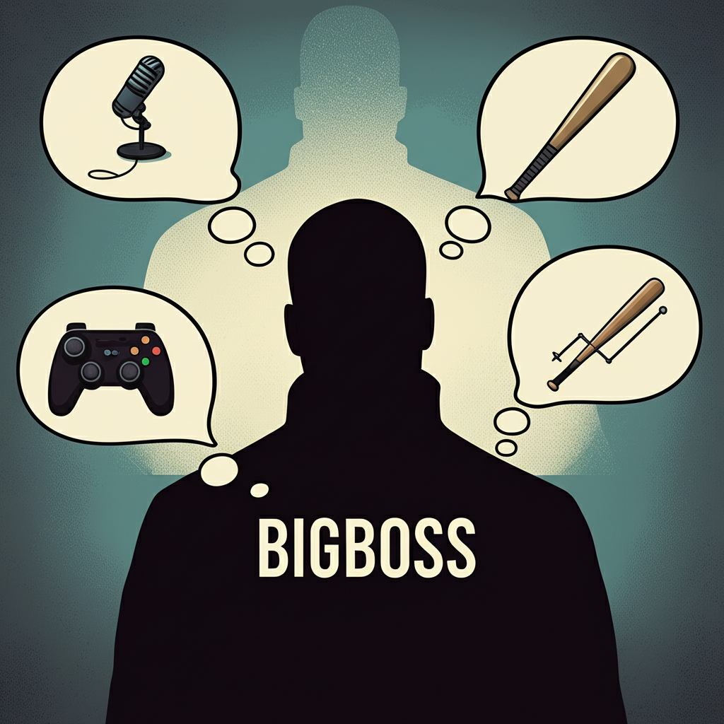 Bigboss 多重語意宇宙插圖，展現遊戲控制器、麥克風、棒球棍和金融圖表