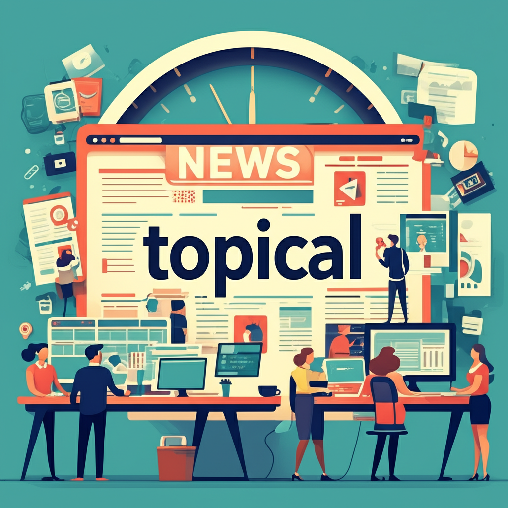 忙碌新聞桌,記者編輯處理熱門話題,強調 topical 的時效性