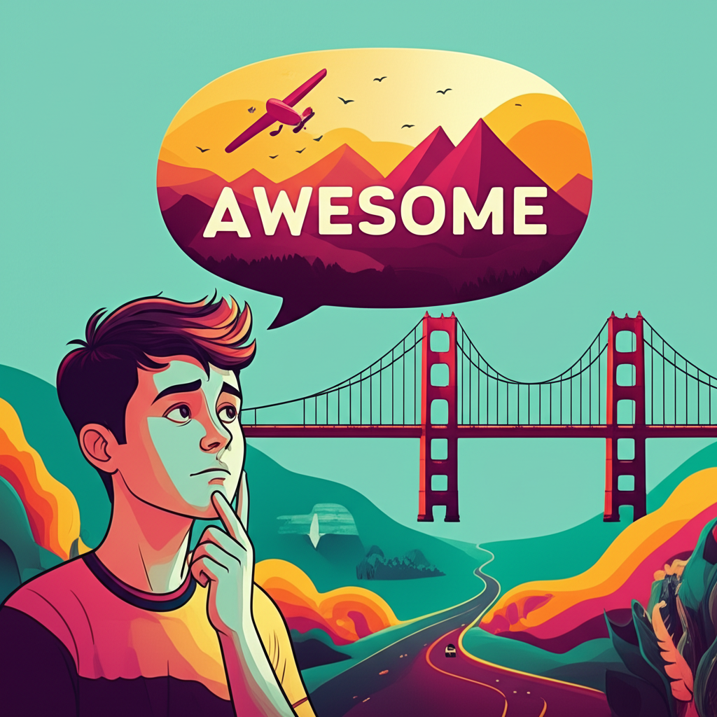 好奇的人注視著帶有awesome字樣的語音泡，象徵語言學習中文化理解的橋樑，以活力四射的色彩呈現