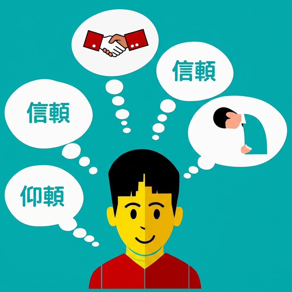 插圖展示四個思維氣泡，分別代表依賴、信賴、依靠、仰賴，配有鏈條、握手、穩固的背脊與恭敬鞠躬等符號，風格鮮明活潑