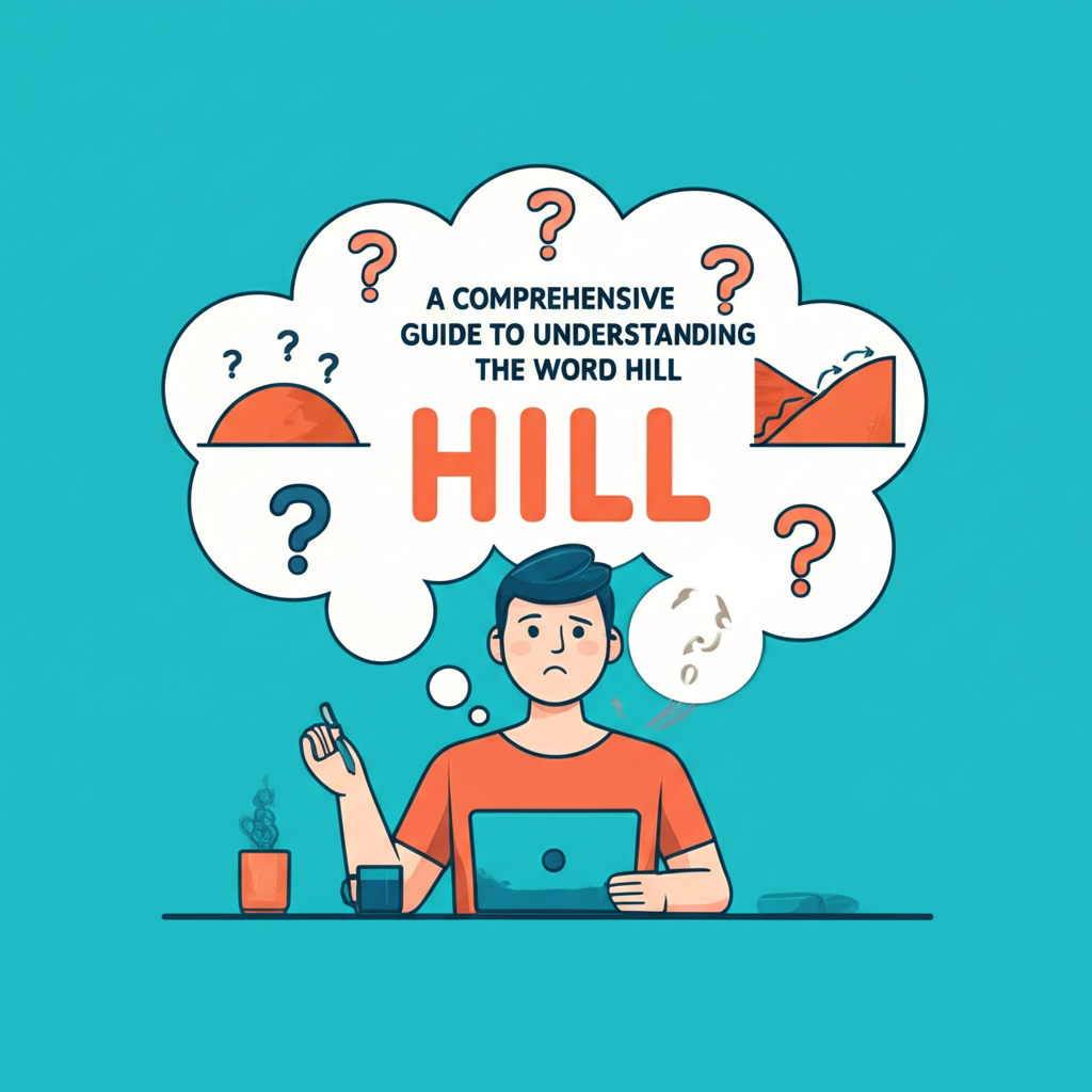 一位學習者探索 Hill 單詞的多重含義，伴隨著問號和思想泡泡的插圖，象徵全面指南
