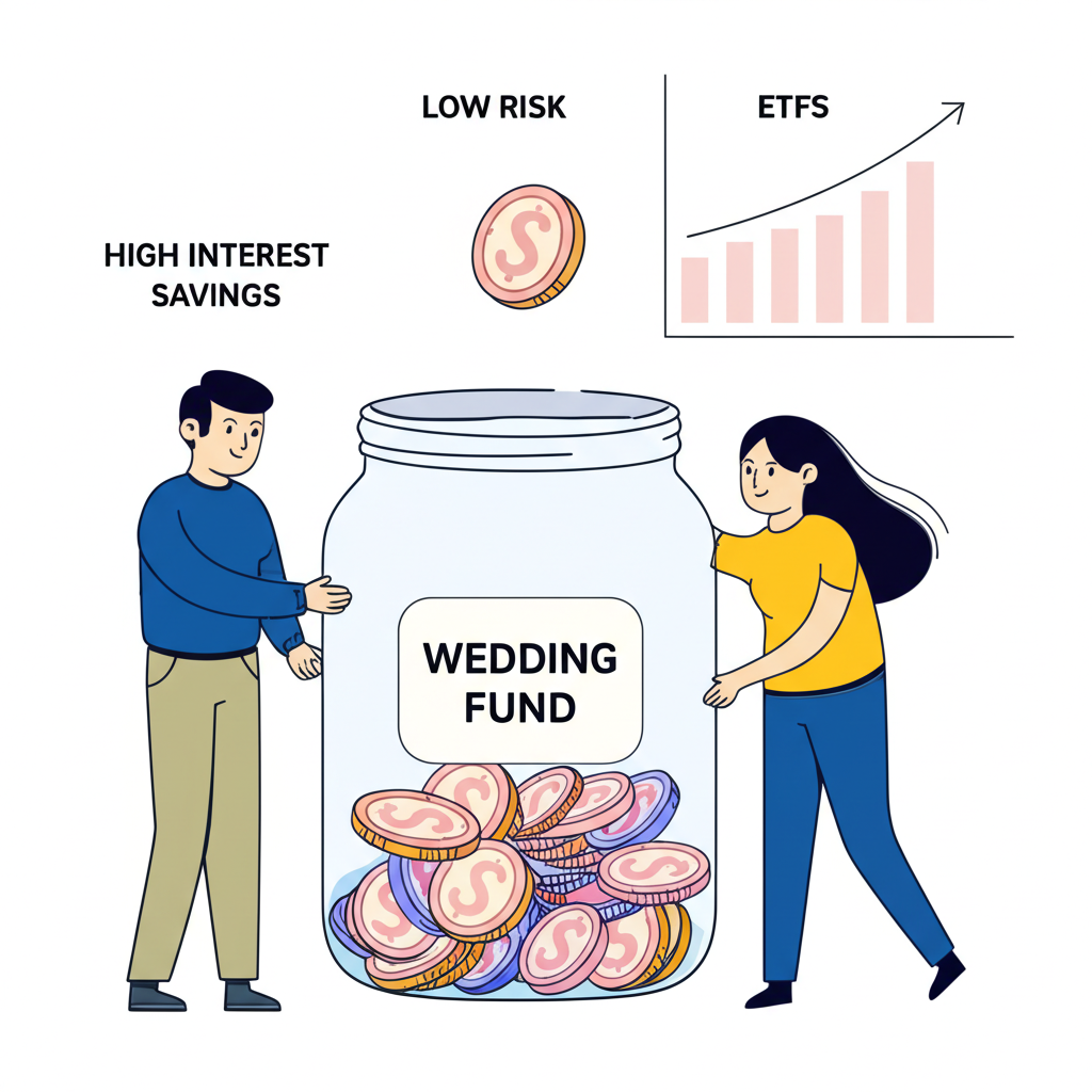 一對伴侶正在將錢存入專屬的結婚基金帳戶，硬幣與紙鈔投入撲滿，旁邊有小圖表顯示ETF與高利率活存等低風險理財工具