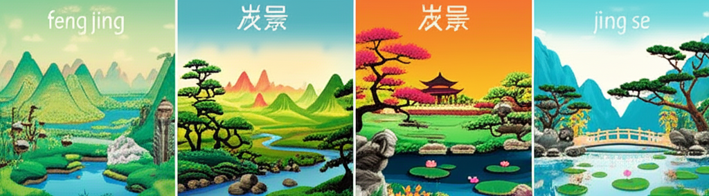 插畫呈現scenery的多種中文翻譯，如風景、景色，並描繪自然與人造的迷人景觀