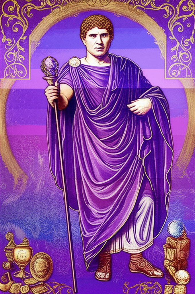 illustration showing a color spectrum with purple between blue and ultraviolet, historical elements like a roman emperor in purple robes, and symbols of mystery and spirituality