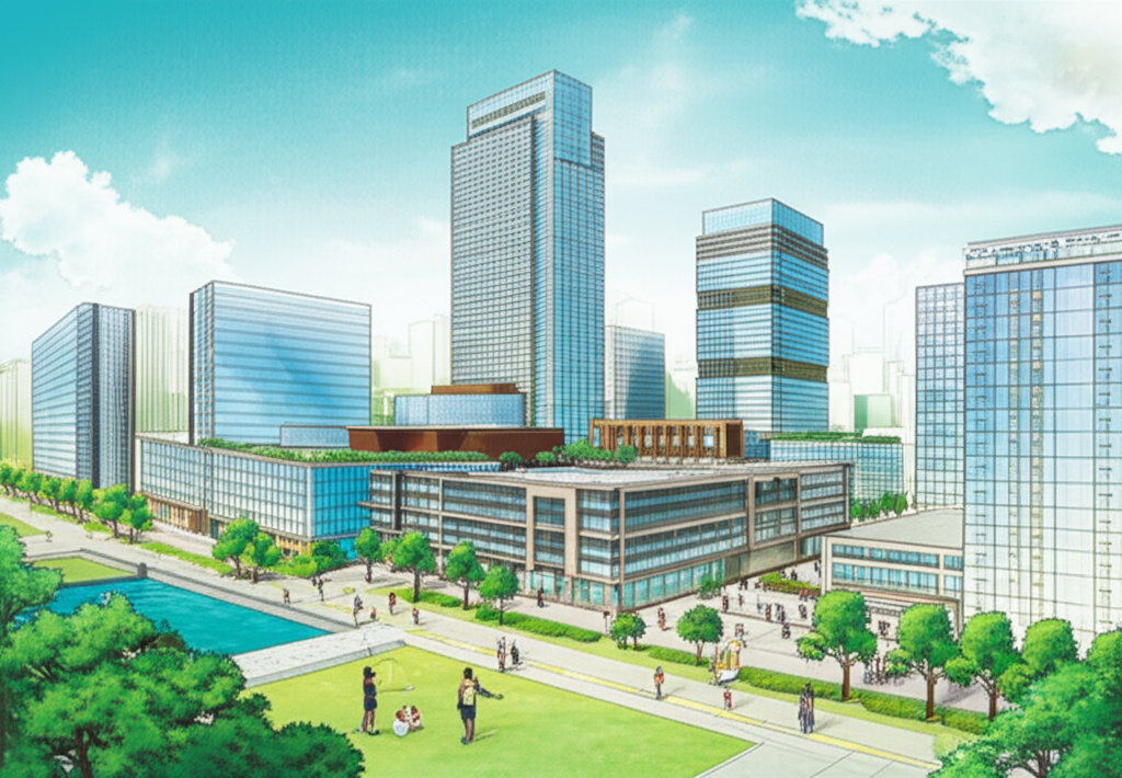 中陽集團多元事業體示意圖,展現建築、房地產與投資領域,環繞綠色景觀與熱情人群