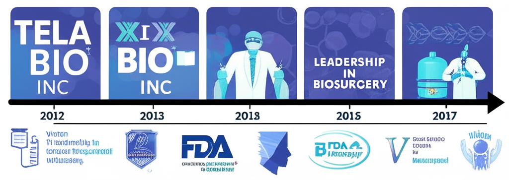 Tela Bio Inc. 從 2012 年創立到 2017 年 NASDAQ 上市的時間軸，包含 FDA 核准標誌與生物外科領導願景