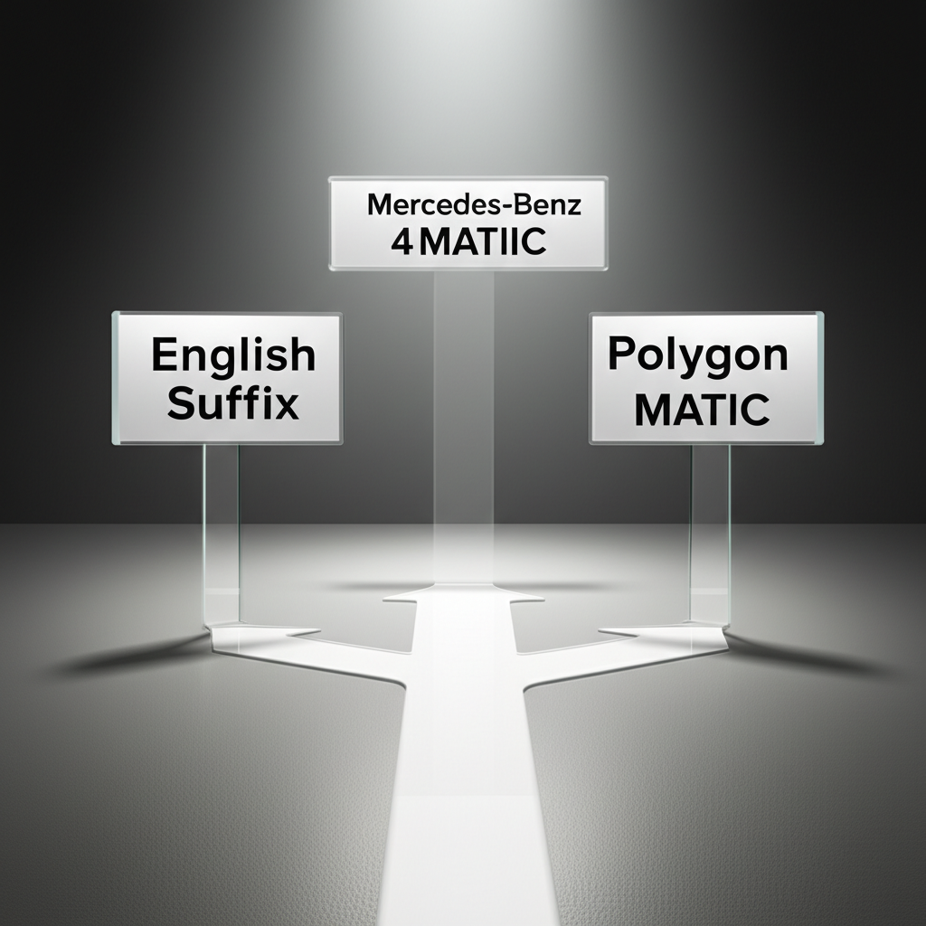 matic澄清指南插圖：三條清晰路徑指向英文詞綴、賓士4MATIC和Polygon MATIC