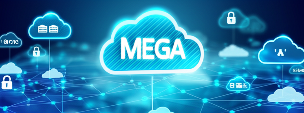 數位景觀中的雲端儲存圖示與MEGA安全圖示，強調資料隱私和大容量