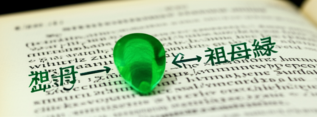 祖母綠詞彙從古希臘 smaragdos 到現代中文祖母綠的演變插圖，背景包含語言符號和詞典