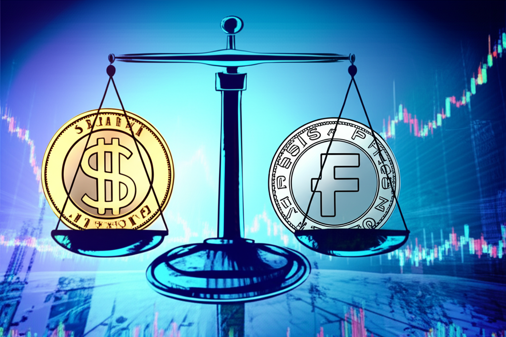 美元兌瑞郎貨幣對的平衡天平圖，背景有全球金融圖表