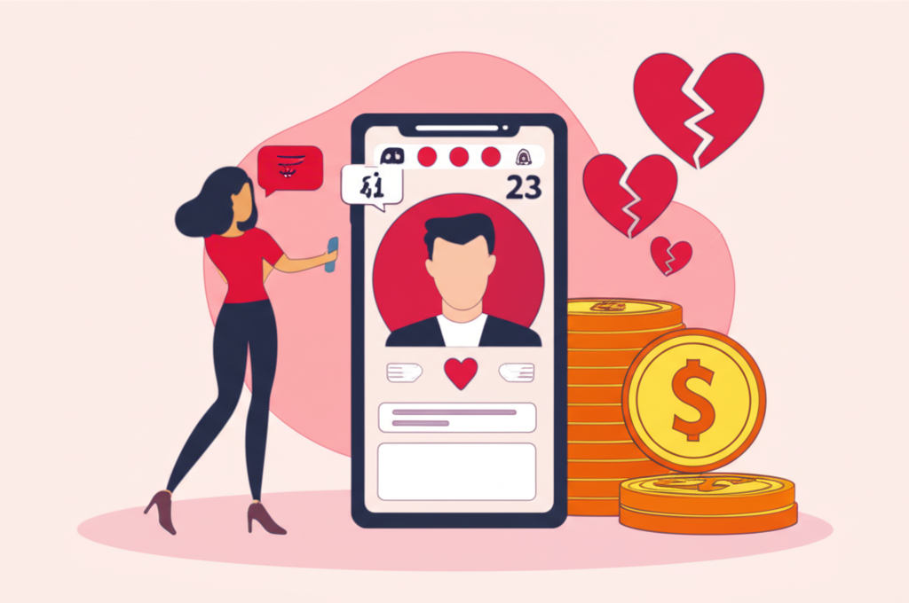 An illustration of a person on a dating app being lured by a sophisticated scammer profile showing wealth and success with a background of digital golden coins and broken hearts symbolizing emotional and financial betrayal