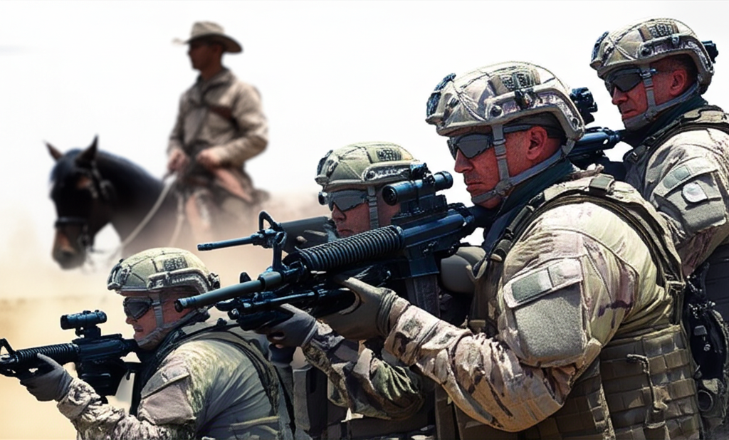 一群穿著迷彩裝備的精銳陸軍遊騎兵執行戰術任務，背景有騎馬的德州遊騎兵