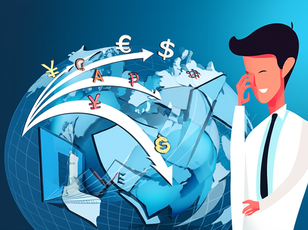 全球經濟與外匯避險示意圖，描繪資金在各國間流動，並以保護盾抵禦波動的貨幣符號