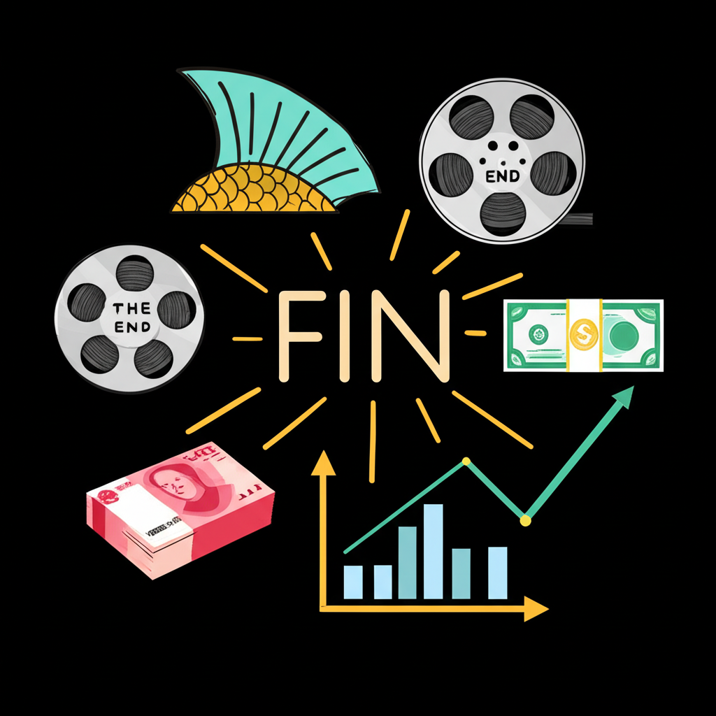Fin 詞彙的多重象徵圖示，包括魚鰭、電影結束畫面、美元鈔票與金融圖表