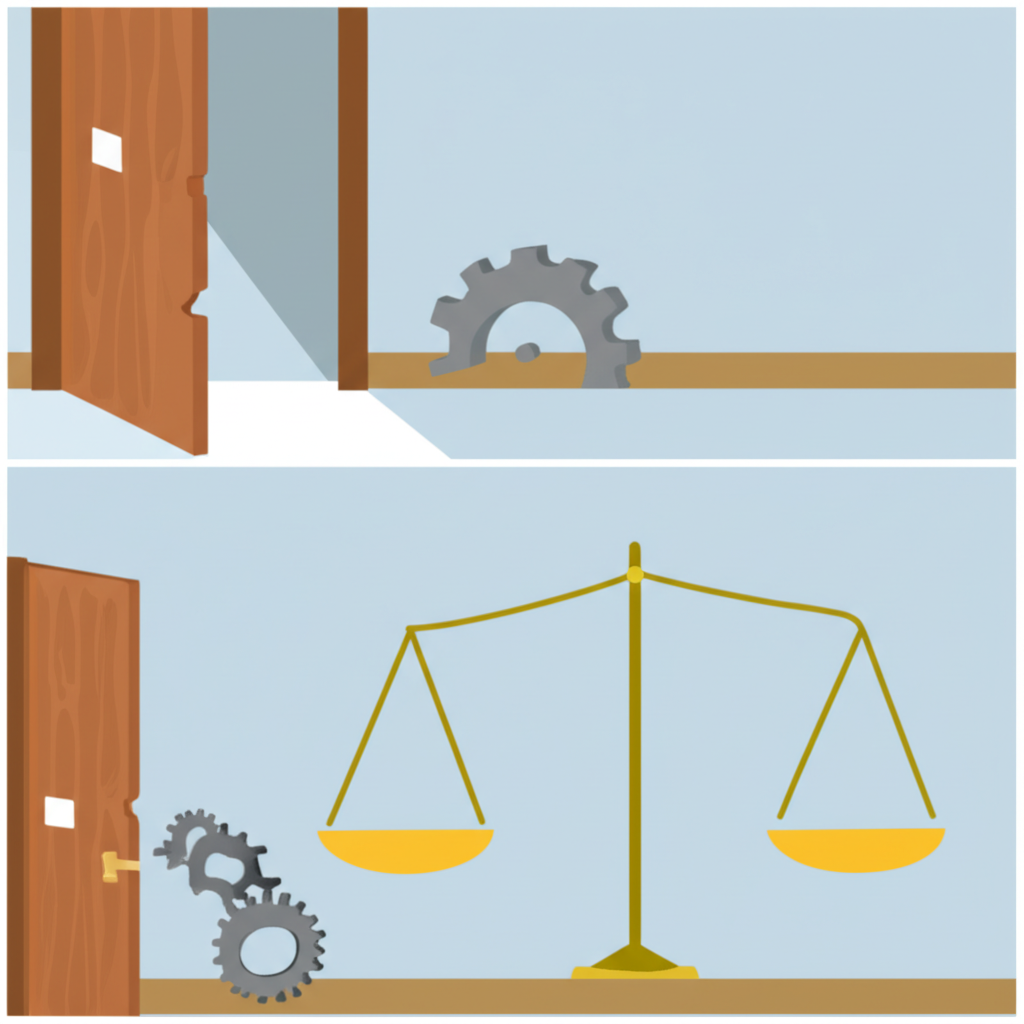An illustration of three scenes: a physical gap under a door, a missing cogwheel part for a skill gap, and a large numerical difference between two scales for income disparity, in illustration style