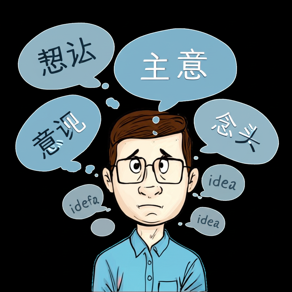 一位困惑表情的人周圍浮動著各種中文翻譯如想法、點子、主意的思想泡泡，以及英文單字idea，突顯翻譯的混亂感，一幅插圖