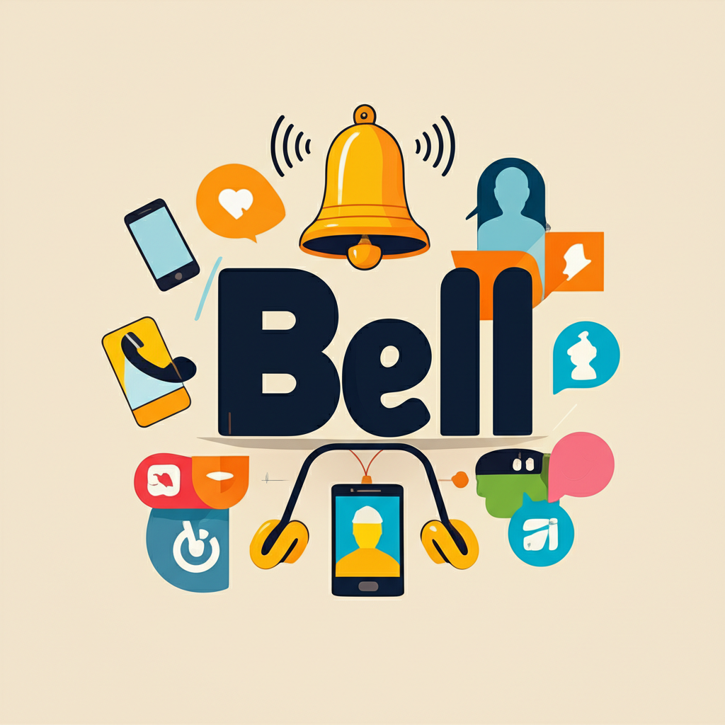 插圖展示英文單字 Bell 位於中央，周圍環繞著象徵其多重意義的符號，如鈴鐺、電話、人形剪影與品牌標誌，風格鮮明具教育性