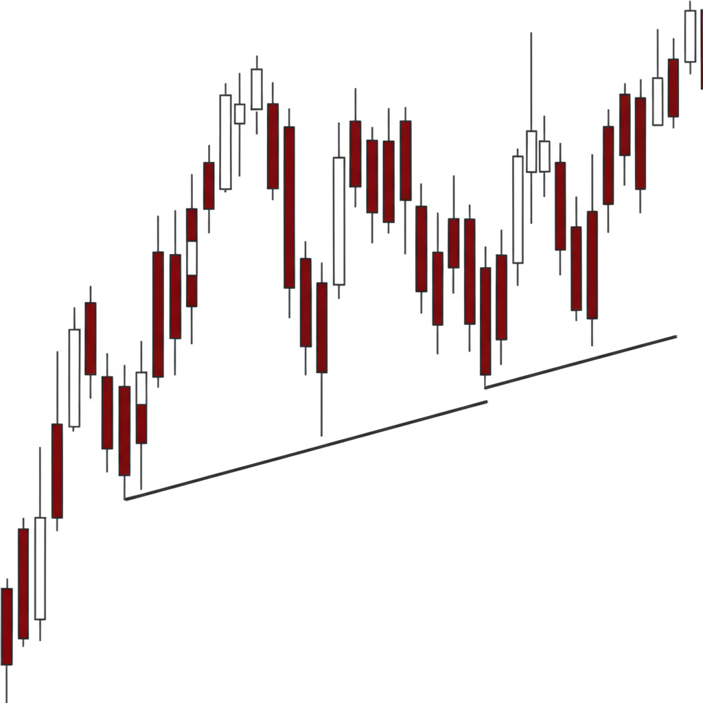 An illustration of a financial chart with a clear symmetrical triangle pattern highlighting the converging price action between buyers and sellers symbolizing market indecision and potential trend reversal or continuation