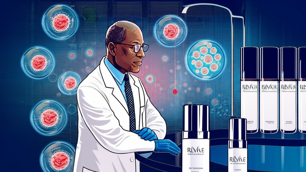 illustration of a sophisticated laboratory setting with a scientist Dr Gregory Bays Brown discovering epidermal growth factors surrounded by glowing skin cells and luxurious RéVive product bottles representing scientific innovation in skincare