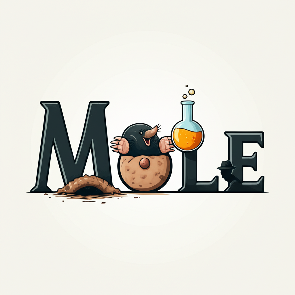 概念插圖：單字mole延伸出鼴鼠、痣、化學燒杯與間諜剪影等意象