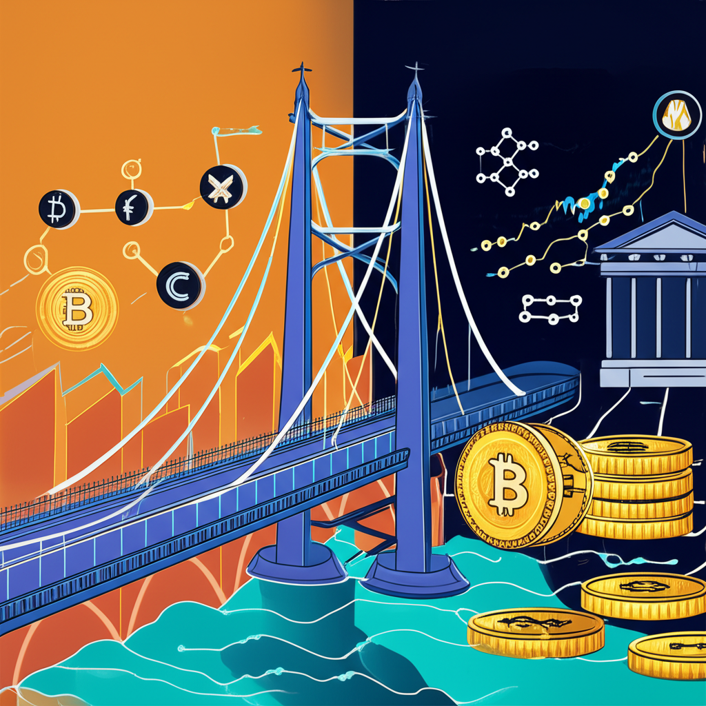 貝萊德比特幣ETF插圖,描繪傳統金融與數位貨幣的橋樑連接