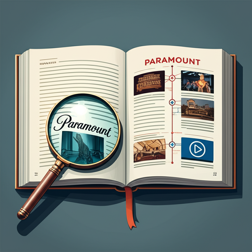 插畫風格，一本綜合指南書打開，放大鏡聚焦在單字paramount的解構上，另一页展示派拉蒙影業的歷史時間軸，最終導向串流服務圖示