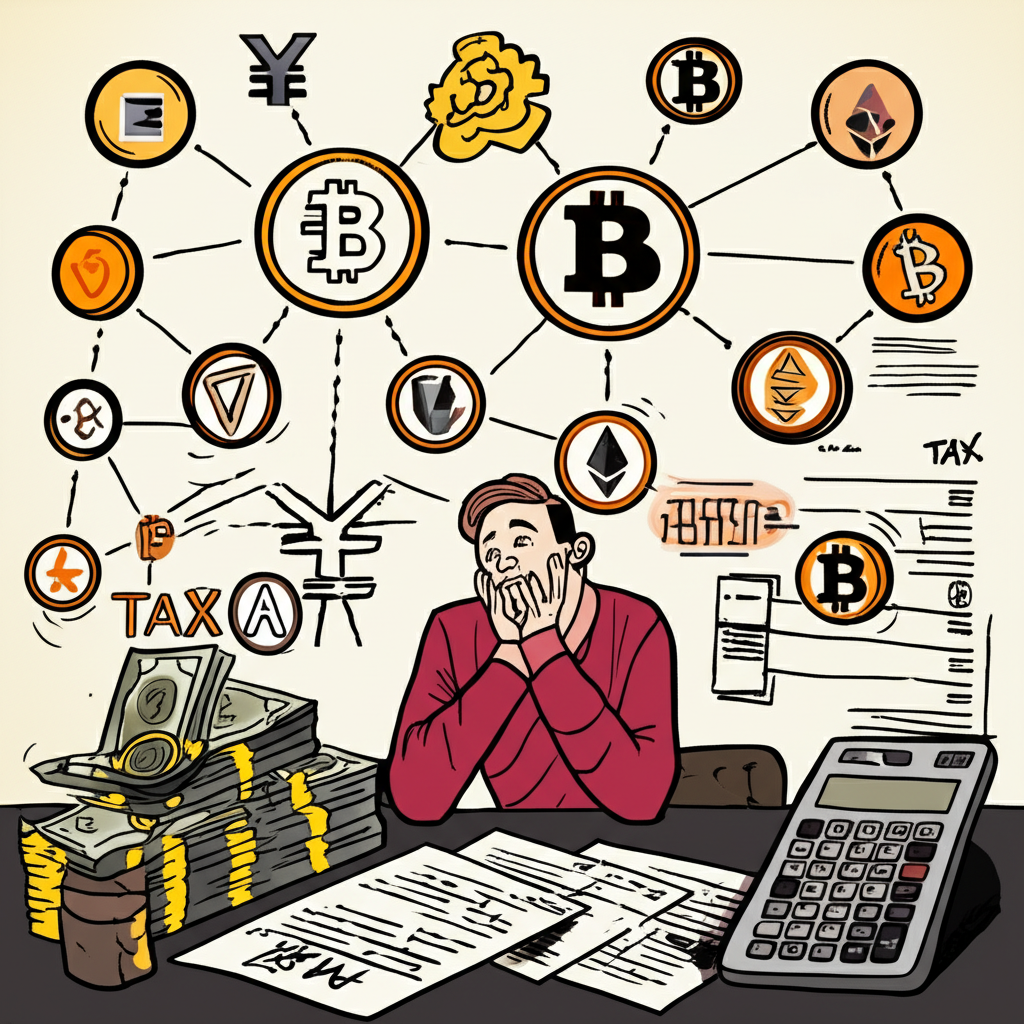 虛擬貨幣稅務複雜網絡插圖，顯示比特幣、以太坊符號與稅務表格交織，投資者困惑地看著金錢與稅務計算器