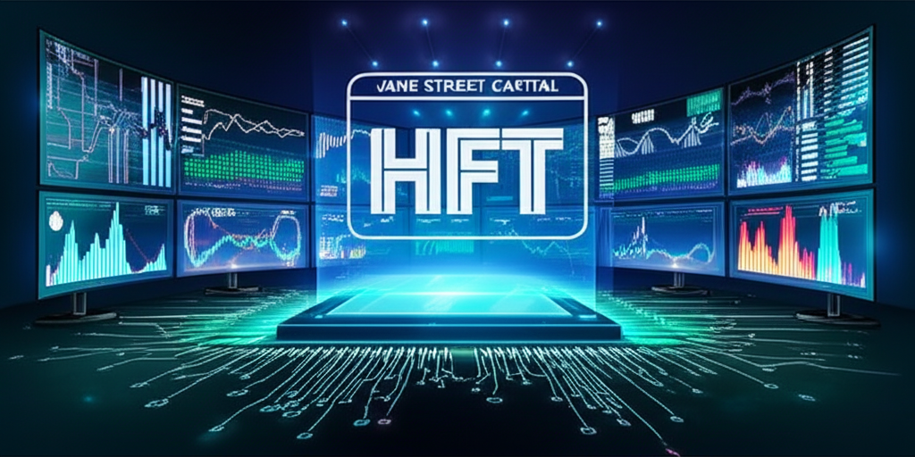 An illustration of high frequency trading HFT at Jane Street Capital with ultra fast computer systems optimized algorithms analyzing market data identifying tiny price differences executing vast trades in milliseconds to capture arbitrage opportunities and its role as a leading ETF market maker providing continuous bid ask quotes to enhance market liquidity