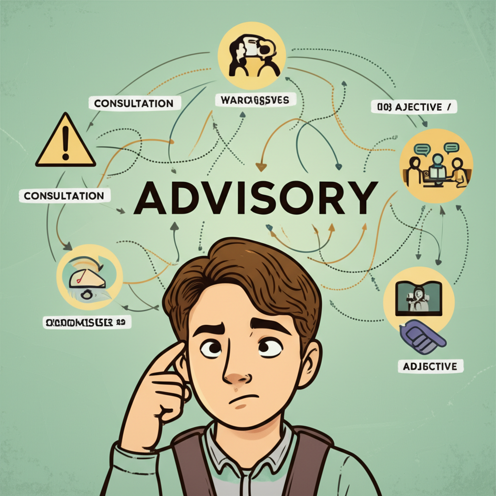 一名困惑的學生看著單字 advisory，周圍環繞著代表其不同含義的圖示：諮詢、警報、委員會與形容詞，交織成複雜的理解之網