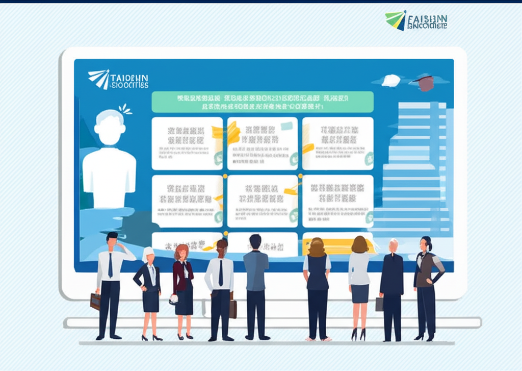 一群多元投資人注視大型螢幕，顯示台新證券官網提供的廣泛金融產品與服務，強調透過易於存取的產品資訊滿足不同投資需求，包括即時股票圖表與市場數據，代表便捷的台股交易涵蓋上市股票與ETF