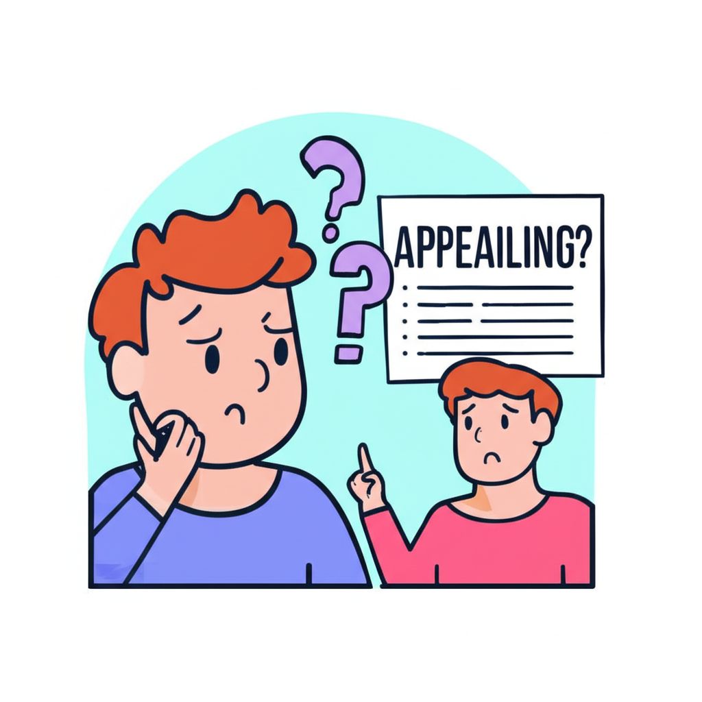 一個人困惑地看著螢幕上的單字 appealing，周圍充滿問號，另一人正指向清晰的雙重語意解釋