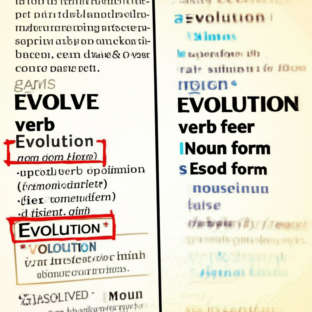 Evolve 與 Evolution 的詞性對照圖，展示動詞與名詞的語法關係
