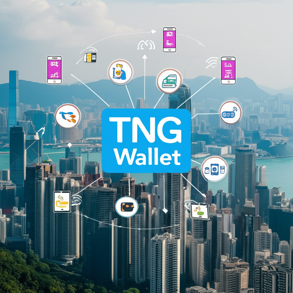 香港現代城市天際線與TNG Wallet標誌，環繞行動支付、資金轉移及帳單繳納圖標，象徵無現金社會